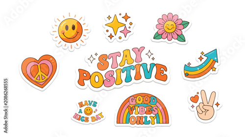 Retro groovy sticker set with Stay Positive quote, vintage 70s aesthetic patches, colorful hippie badges with rainbow and smiley face icons