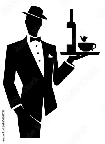 Obraz na plátně Elegant black silhouette of a formal waiter in tuxedo and hat, holding tray with bottle and steaming cup, symbolizing service, hospitality, and sophistication in vector art