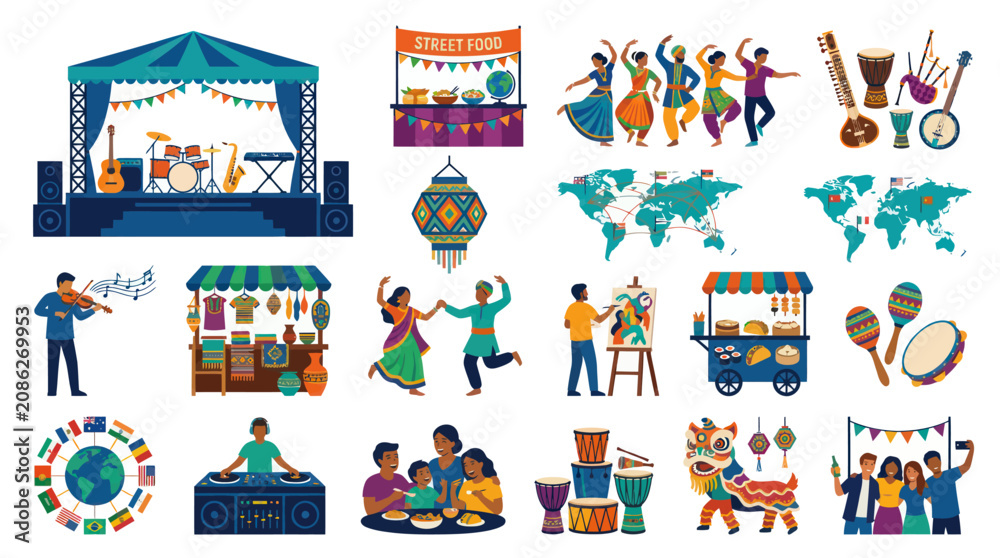Fototapeta premium Global Cultural Festival Event Vector Flat Illustrations: Music, Food, Dance, Art Diversity Collection