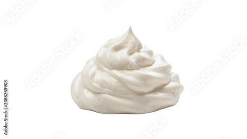 A conical, piped dollop of thick white whipped cream or cosmetic mousse, featuring soft ridges and a pointed on a white background