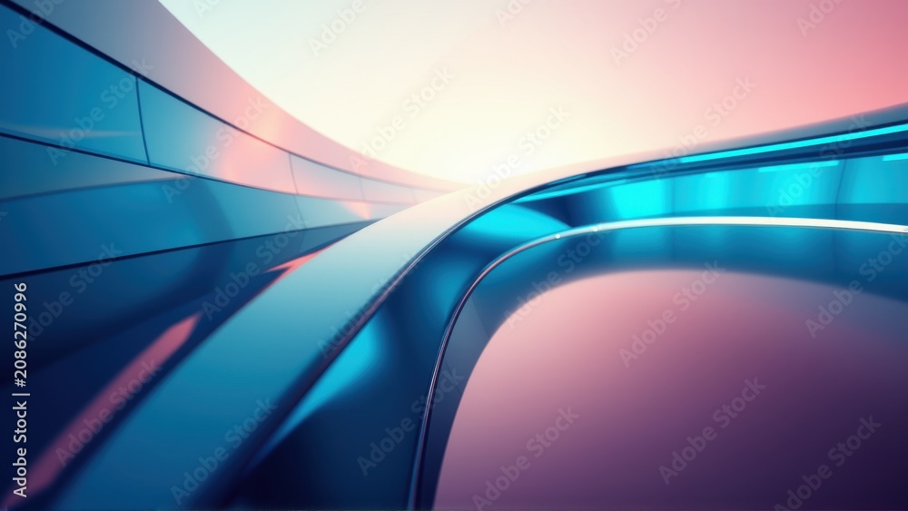 Fototapeta premium Futuristic tunnel view. Bright light source draws eye forward. Smooth curves, metallic surfaces create dynamic perspective. Vivid colors dominate scene.