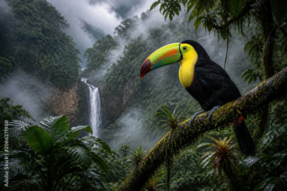 Fototapeta premium Toucan perches on mossy branch, vibrant beak gleaming. Misty waterfall cascades behind lush, green jungle canopy. Rainy air shimmers with mist and leafy density