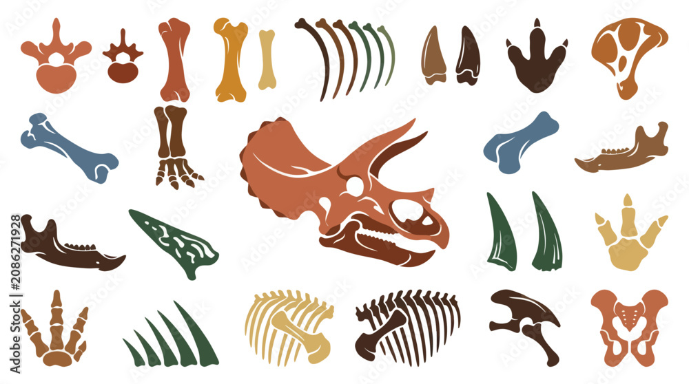 Obraz premium Dinosaur Fossils and Skeleton Bones Flat Vector Glyph Icon Set - Prehistoric Paleontology Elements
