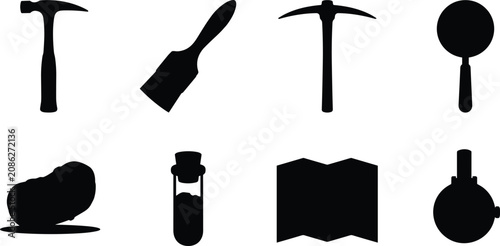 Fotografía Geology and Mining Tool Silhouette Icons Set Featuring Rock Hammer Pickaxe Magni