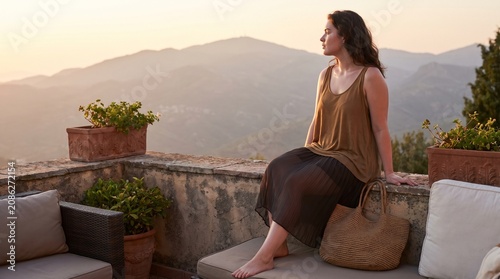 Pensive young woman sitting on stone terrace wall watching sunset over mountain peaks