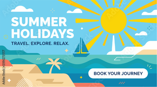 Summer holidays travel banner with tropical beach landscape, flat vector illustration of sunny seaside vacation, book your journey web header