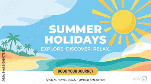 Summer holidays travel banner with tropical beach landscape, sunny vacation web header with palm trees and ocean, seasonal tourism promotion vector