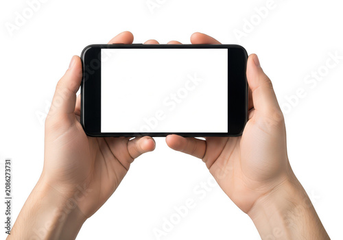Person holding a black smartphone with a blank screen in their hands for a mobile app or website design project mockup presentation display