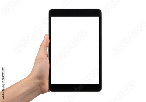 A hand holding a black digital tablet computer with a blank screen for your app design or website presentation in a professional setting
