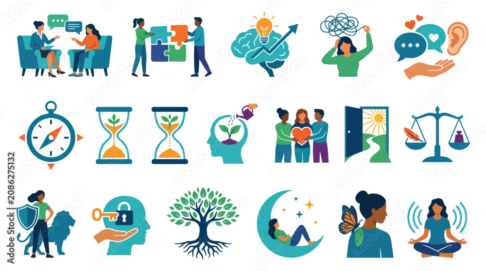 Fototapeta premium Flat Vector Mental Health, Self-Care Personal Growth Concepts Icons Set for Psychology and Well-being