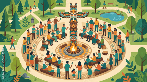 A flat design illustration depicting a diverse indigenous community gathered around a central sacred element, symbolizing unity, shared cultural practices, and strong communal bonds.
