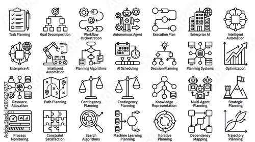 Tableau sur toile Workflow orchestration and task management process icons set.