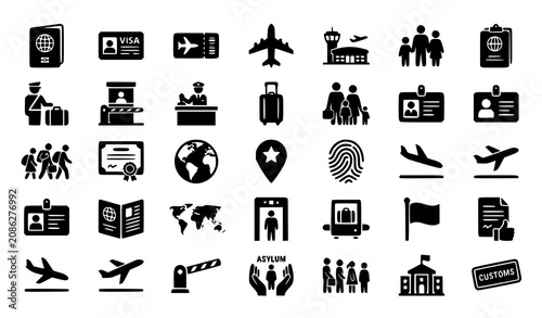 Foto Migration Glyph Icon Set with Passport Visa Border Airport Refugee Citizenship a