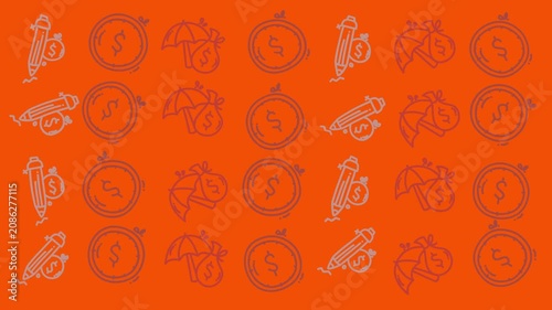 Hand Drawn Icons of Money, Umbrella, and Pencil with Dollar Sign on Orange Background