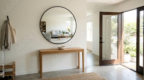Modern Minimalist Entryway Featuring a Large Round Mirror and Wooden Console Table in a Bright Home Interior