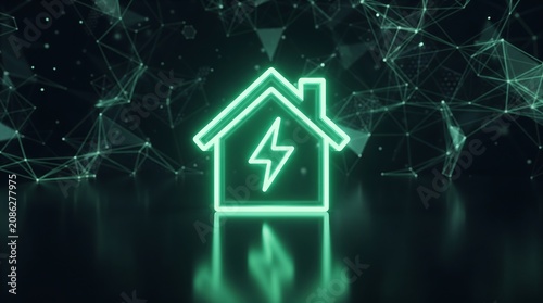 Glowing green house icon with lightning bolt symbol on a dark background with digital plexus network nodes 3d render