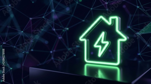 Neon green house icon with lightning bolt symbol resting on dark reflective surface with abstract network background representing energy efficient smart home technology