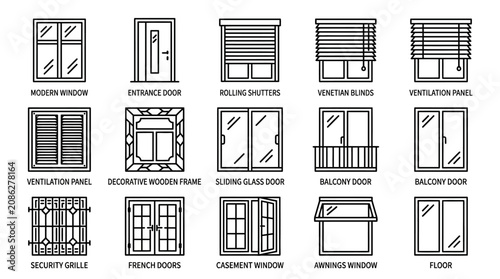 Photography Set of various window and door types icons in outline style on isolated white ba