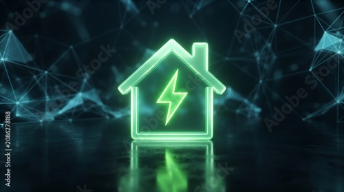 Neon green house icon with lightning bolt symbol on dark reflective surface with complex digital network background for smart home energy technology concepts