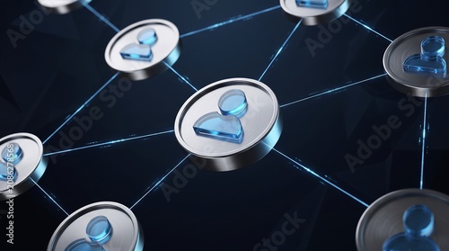 Digital network of connected user profile icons floating on dark blue background representing social media connection communication technology and global internet networking 3D render