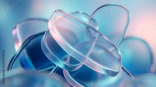 Abstract 3d render of translucent glass shapes with soft blue and pink gradients creating a modern fluid composition for tech background