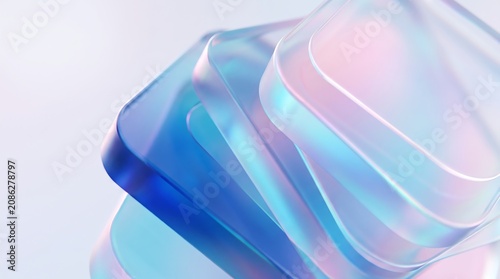 Modern 3d render of rounded translucent glass squares layered in a soft blue and pink light environment for UI and tech backgrounds