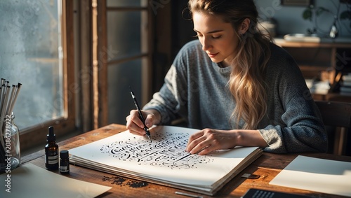 Creative Young Woman Practicing Professional Hand Lettering and Calligraphy in Studio