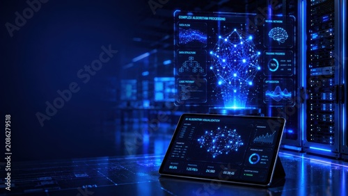 A server rack, hologram, and tablet with AI networks visualizing complex algorithms, with copy space, glowing blue lighting, and a cyber lab background