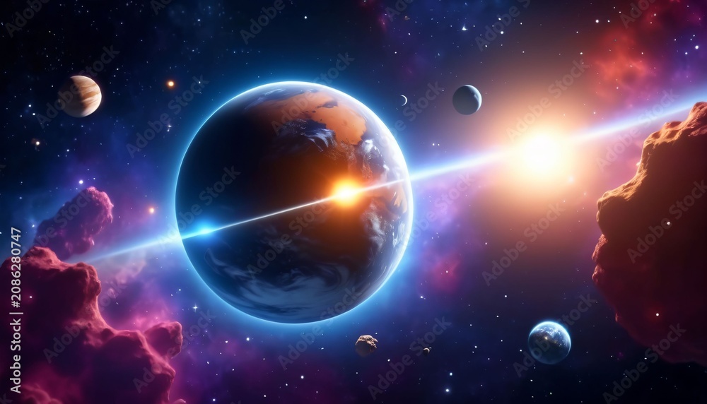 Fototapeta premium Glowing Planet in Colorful Cosmic Space with Energy Beam