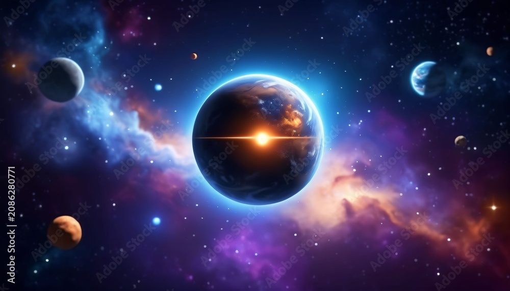 Fototapeta premium Dark Glowing Planet Surrounded by Colorful Cosmic Nebula