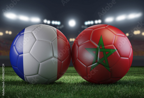 Two soccer balls in flags colors on a stadium blurred background. France vs Morocco. 3D image