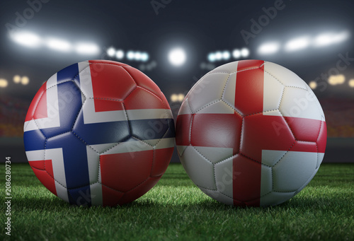 Two soccer balls in flags colors on a stadium blurred background. Norway vs England. 3D image