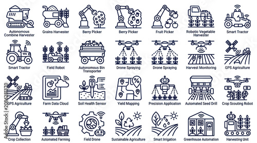 Foto Autonomous field robots and agricultural machinery icon set