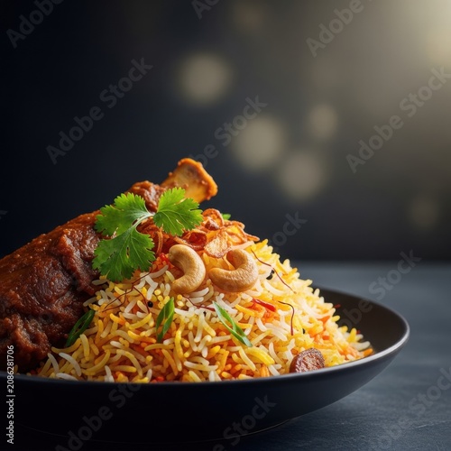 Nasi briyani, spiced basmati rice with saffron strands, elegant food presentation, 45-degree angle shot, with copy space, warm soft lighting, dark moody background