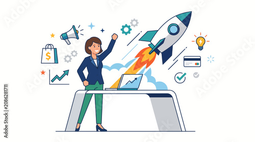 Entrepreneur launching an online business with marketing, shopping and startup growth elements. Flat design corporate vector illustration for e-commerce and innovation.