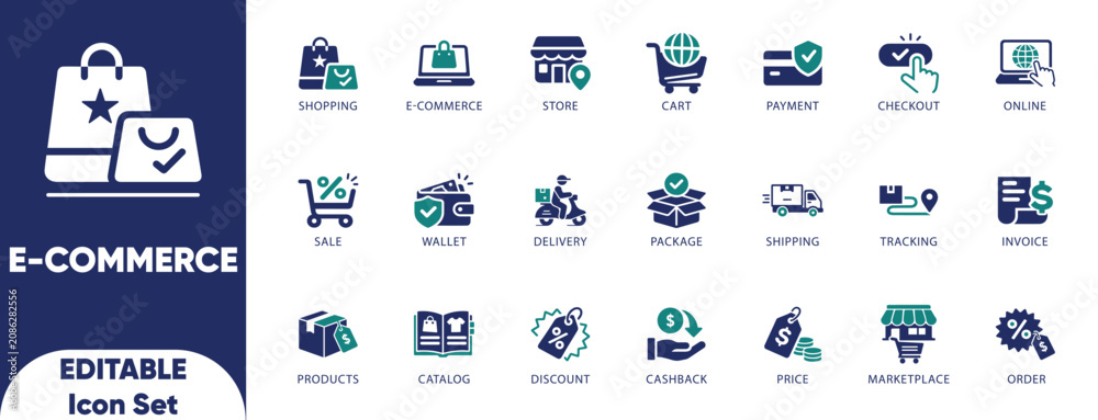 Naklejka premium E-commerce icon set. store, online shopping, retail, payment, e-commerce, checkout, cart, illustration, and solid icons.