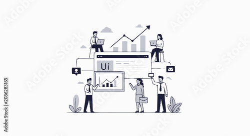 Business team collaborating on user interface design and data analysis illustration.