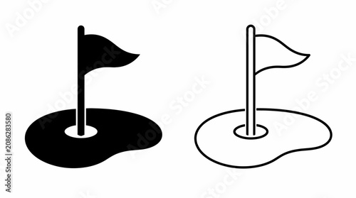 Golf Hole and Flag Icon Set, Solid and Outline Vector Illustration