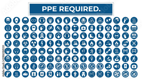 Set of blue circular safety icons showing mandatory personal protective equipment for industrial workplace site requirements
