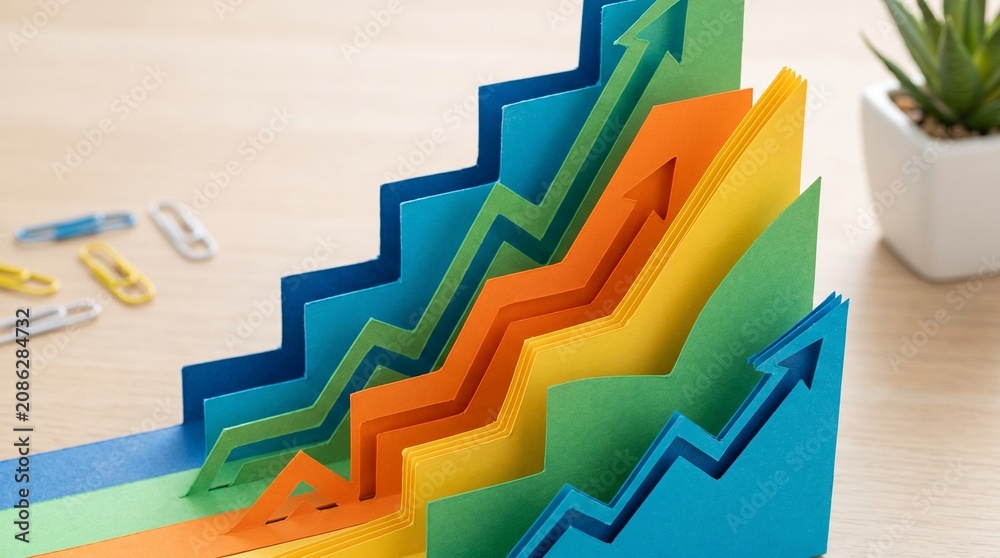 Fototapeta premium Colorful 3D Arrows on Wooden Desk
