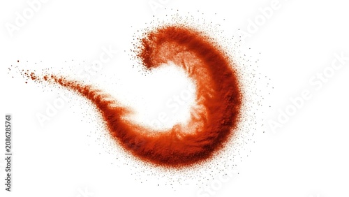 Dynamic circular splash of bright red powder or paint explosion over white background. Perfect visual element for energy drinks, sports branding, or Holi festival