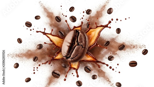 Realistic coffee splash with roasted coffee beans isolated on white background. Rich aromatic beverage concept perfect for café branding, coffee advertisements, menu designs, packaging, beverage promo