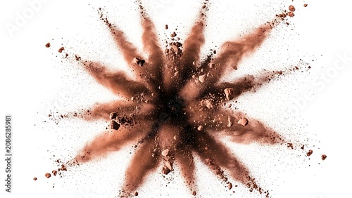bstract starburst explosion of brown cocoa powder or baking flour particles from the center. High-resolution design element for culinary, baking, and chocolate brands