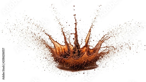 Dynamic crown-shaped splash of delicious hot chocolate, cocoa, or coffee fluid isolated on white background. Ideal for cafe, beverage, and dessert advertising.