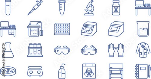 A collection of blue line vector icons representing essential laboratory equipment for modern scientific research studies