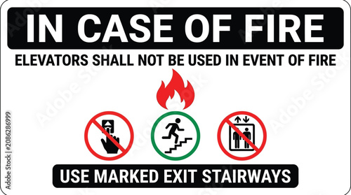 Rectangular safety sign featuring bold text and icons instructing people to use stairs during emergencies