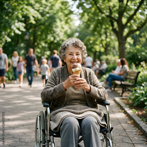 Elderly woman sitting on park bench with dog.