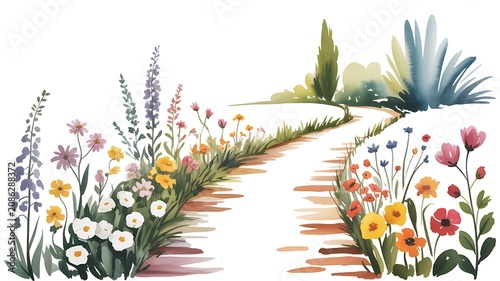 Winding watercolor path surrounded by vibrant spring and summer flowers in a cheerful garden scene