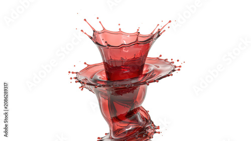 A dynamic splash of translucent red liquid forming a swirling vortex shape isolated on a black background, with scattered droplets, in motion