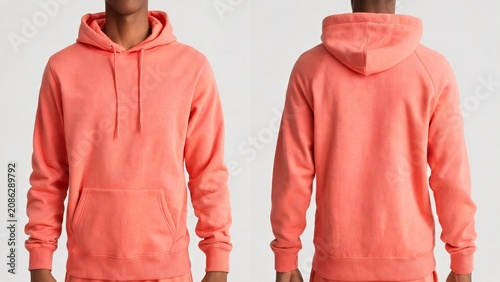Man wearing coral hoodie front and back view for apparel mockup and e commerce product display